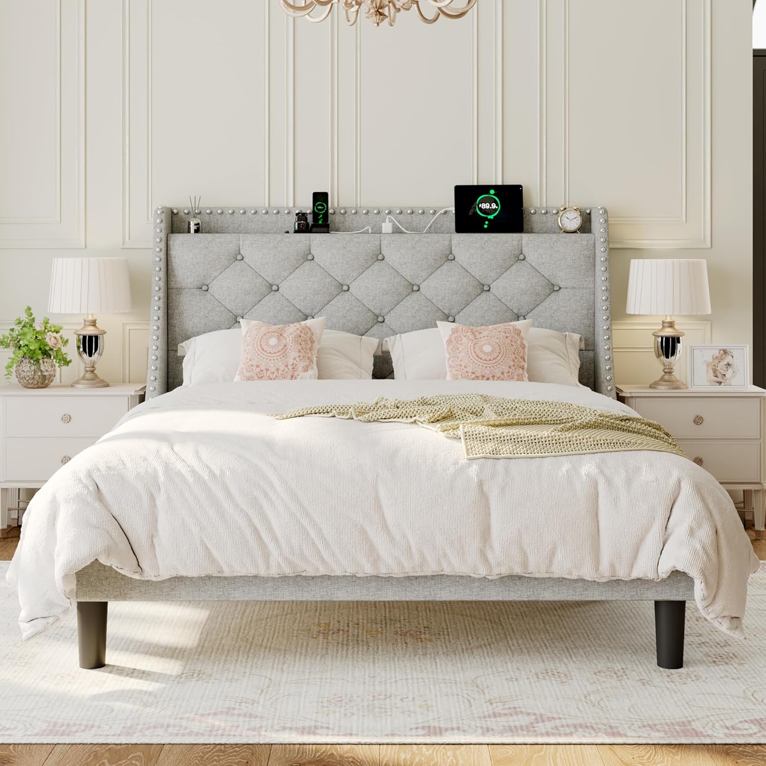 Full Size Bed Frame with Wingback Storage Headboard and Ports