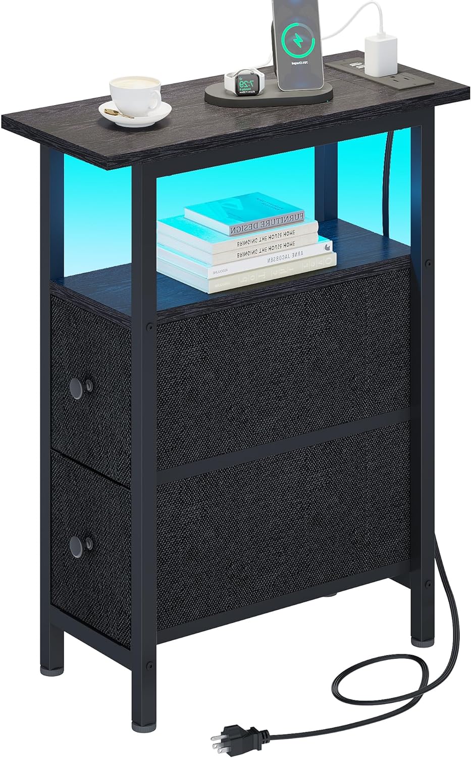 End Table with Charging Station and LED Light for Small Spaces