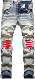 OIIIO Men's Patch Ripped Stretch Regular Fit Jean - 100% Cotton