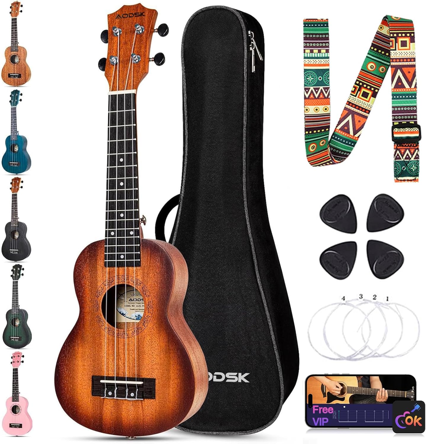 AODSK Soprano Ukulele 21 Inch with Gig Bag and Accessories