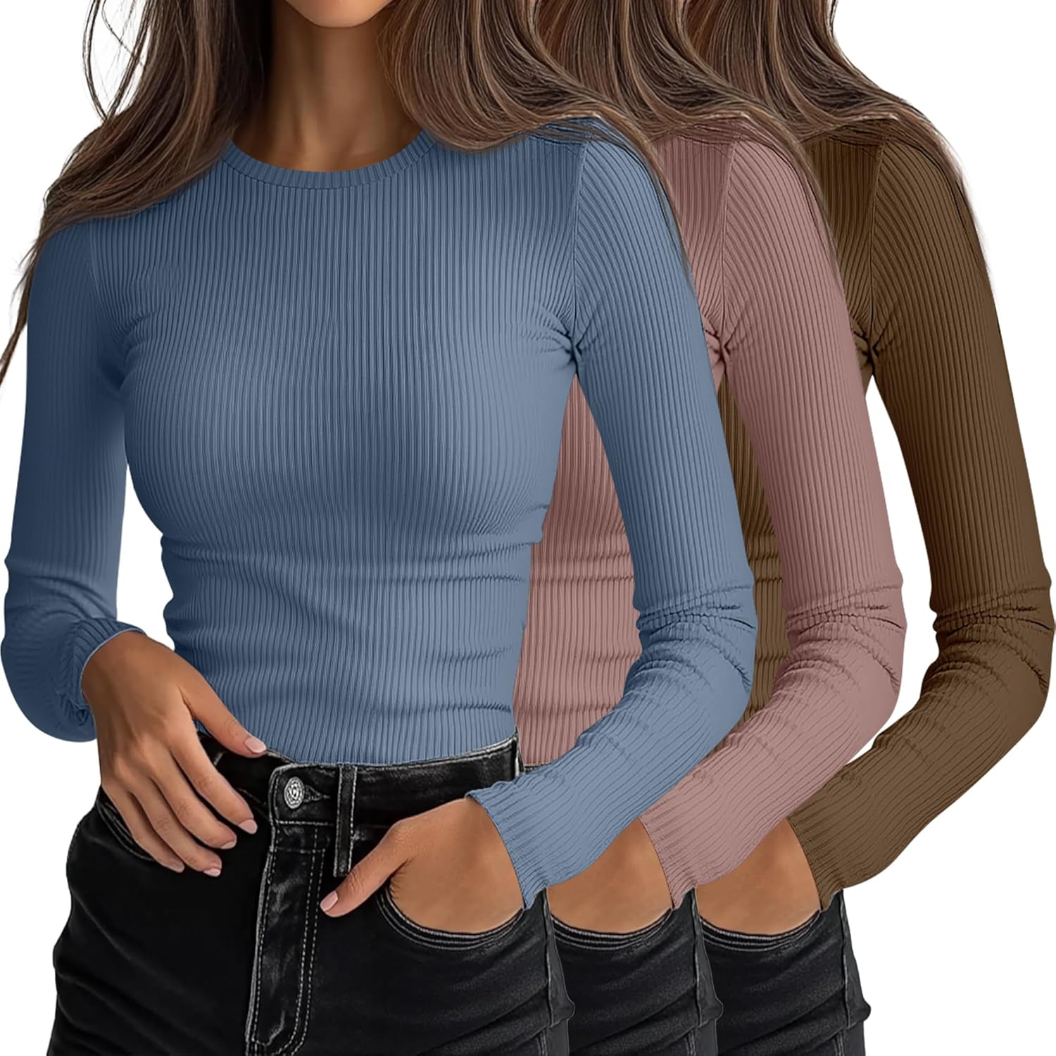 Ficerd Women's Ribbed Long Sleeve Tops for Casual Layering