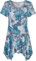 Nandashe Women Short Sleeves Tunic Scoop Neck Floral Irregular Hem
