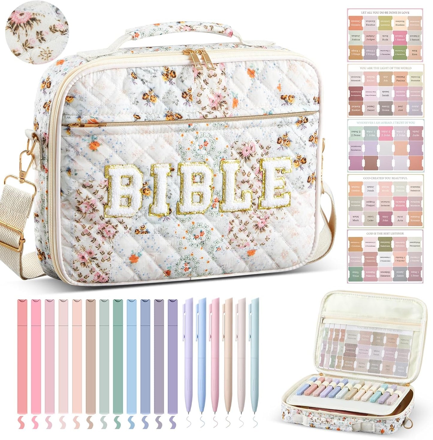 Quilted Bible Cover Case for Women with Floral Design and Pens