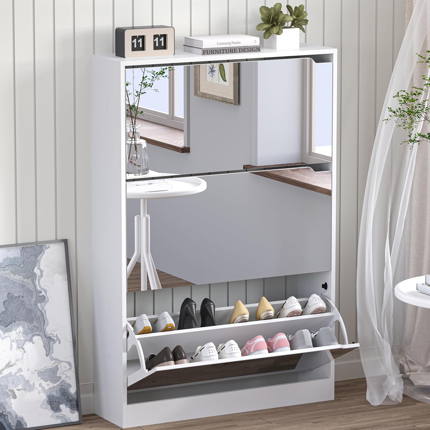 Shoe Cabinet with Mirror and 3 Flip Drawers for Entryway