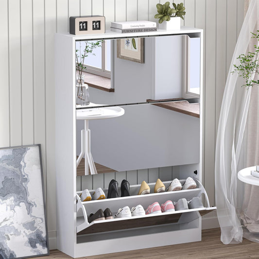 Shoe Cabinet with Mirror and 3 Flip Drawers for Entryway