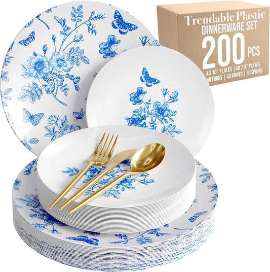 Fancy Plastic Dinnerware Sets for 40 Guests with Gold Silverware
