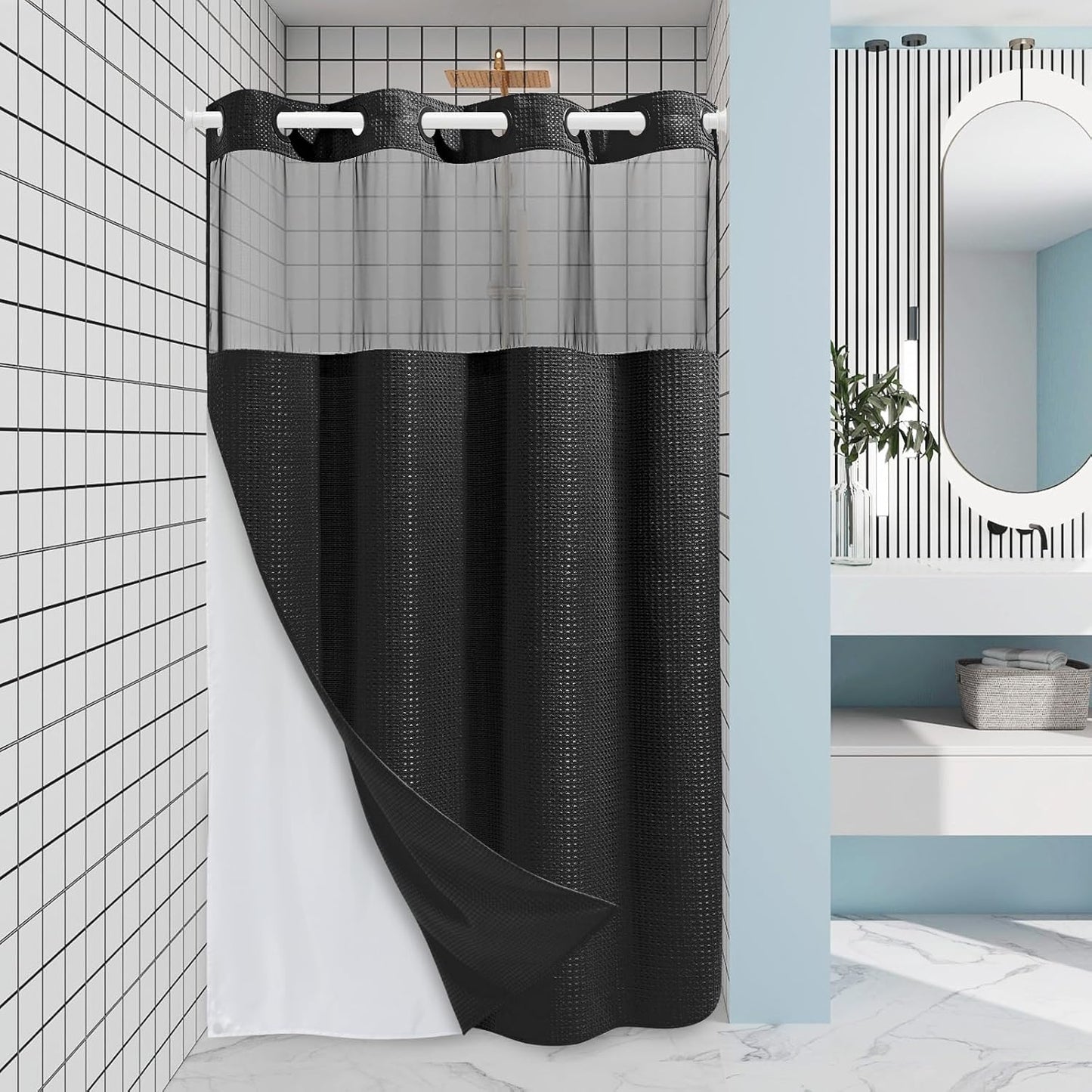 Stall No Hook Shower Curtain with Snap in Liner for Bathroom