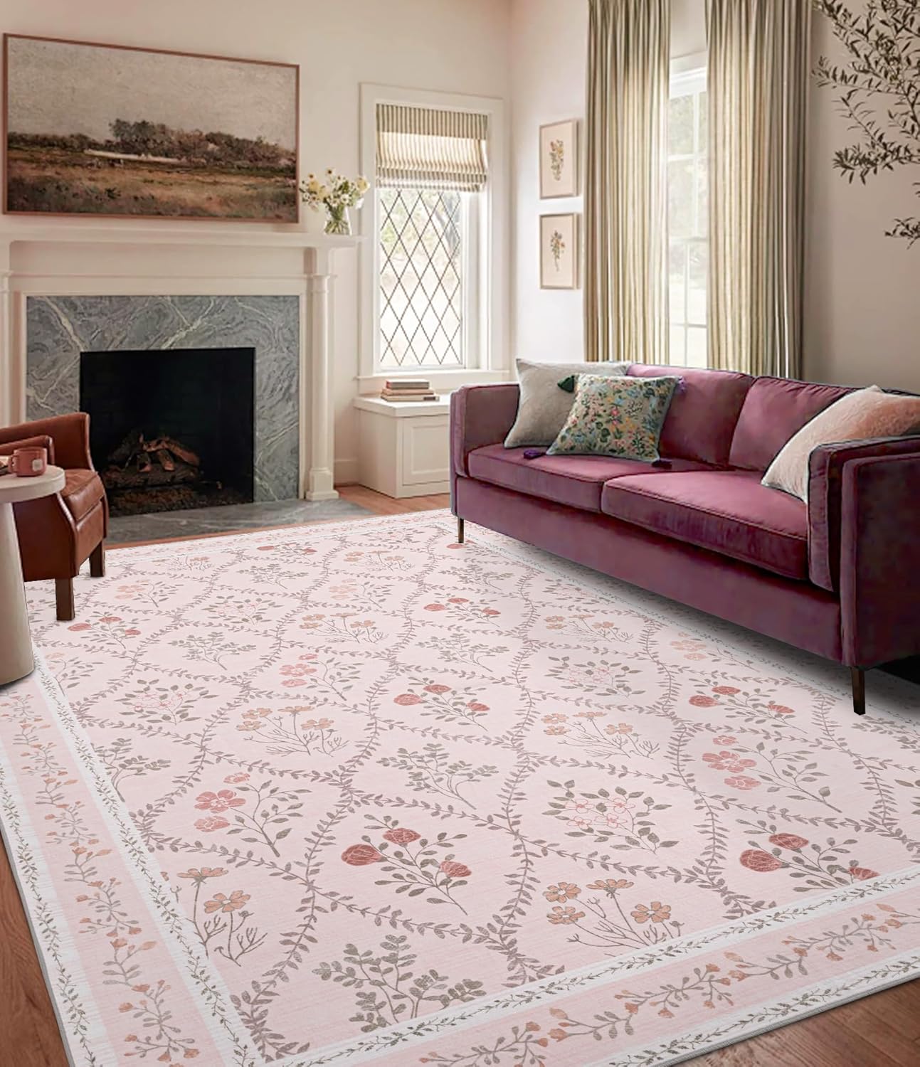 YIHOUSE Pink Floral Print Rugs for Modern Home Decor