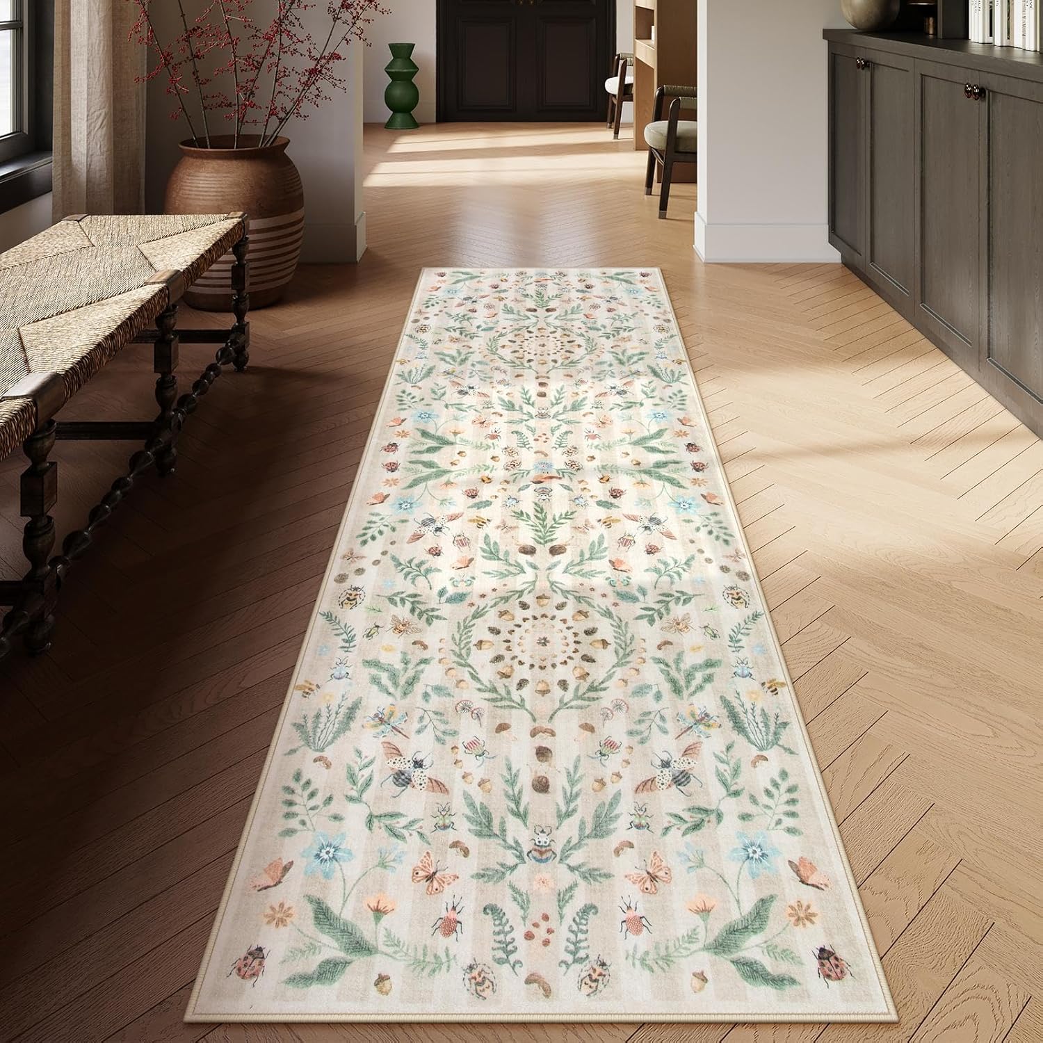 Lahome Insect Botanical 2ft 6inx8ft Beige Hallway Runner Rug
