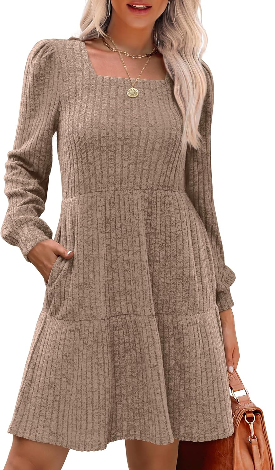 Stylish Womens Square Neck Long Sleeve Fall Dresses for Comfort