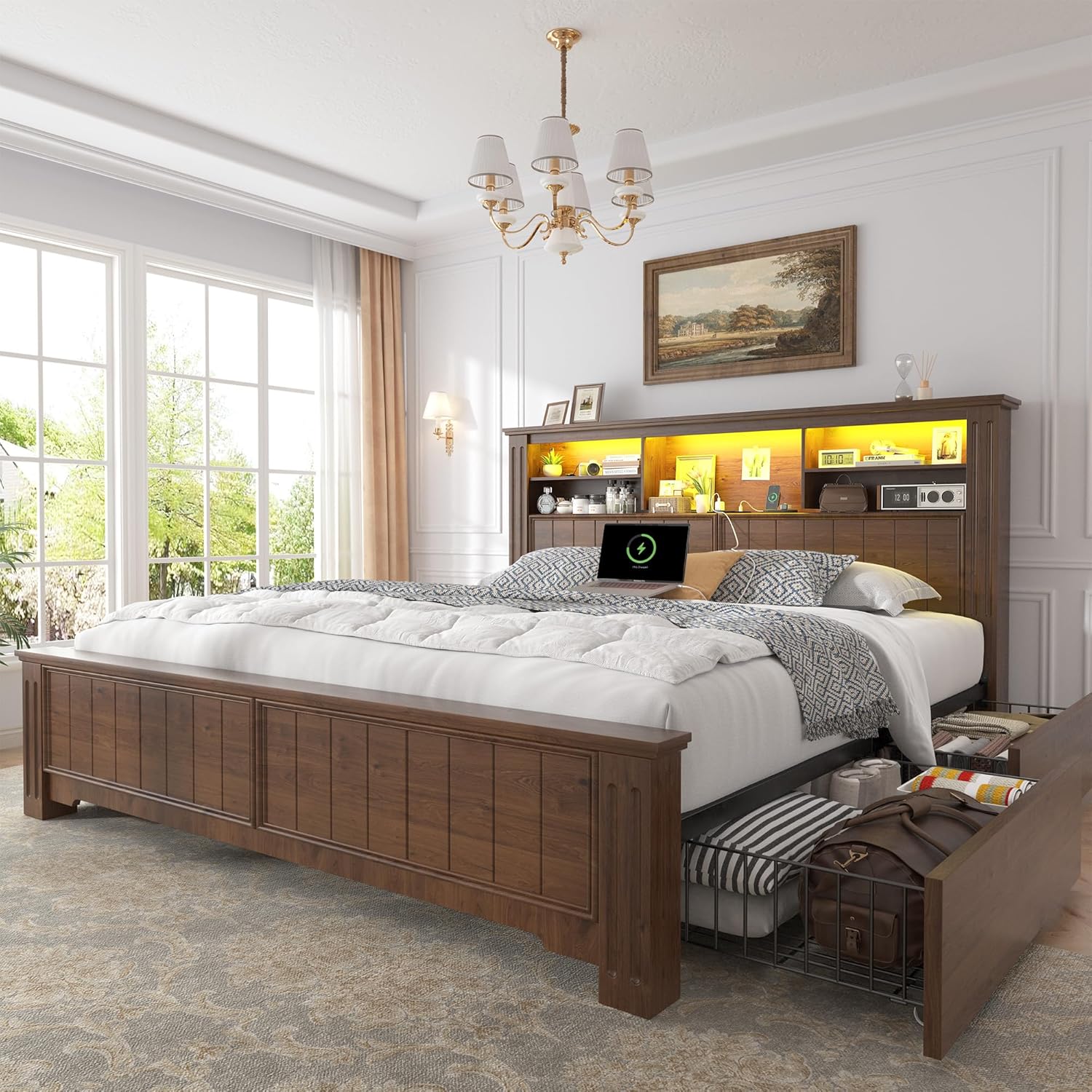 EnHomee Queen Bed Frame with Headboard and Storage Drawers
