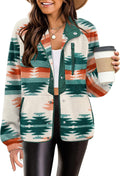 Women's Cozy Fleece Jacket Western Aztec Print - Warm Casual Coat