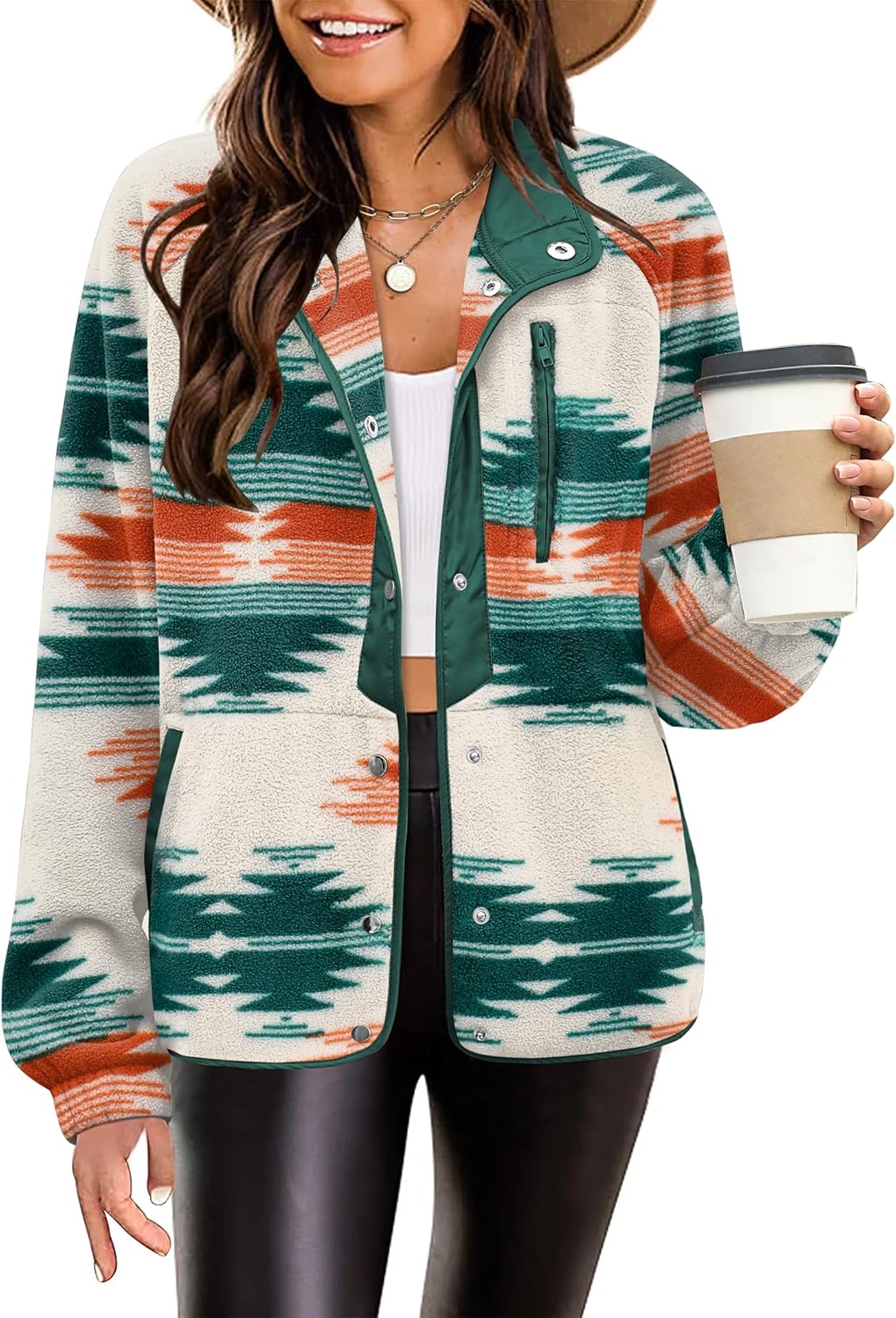 Cozy Fleece Jacket for Women with Western Aztec Print Design