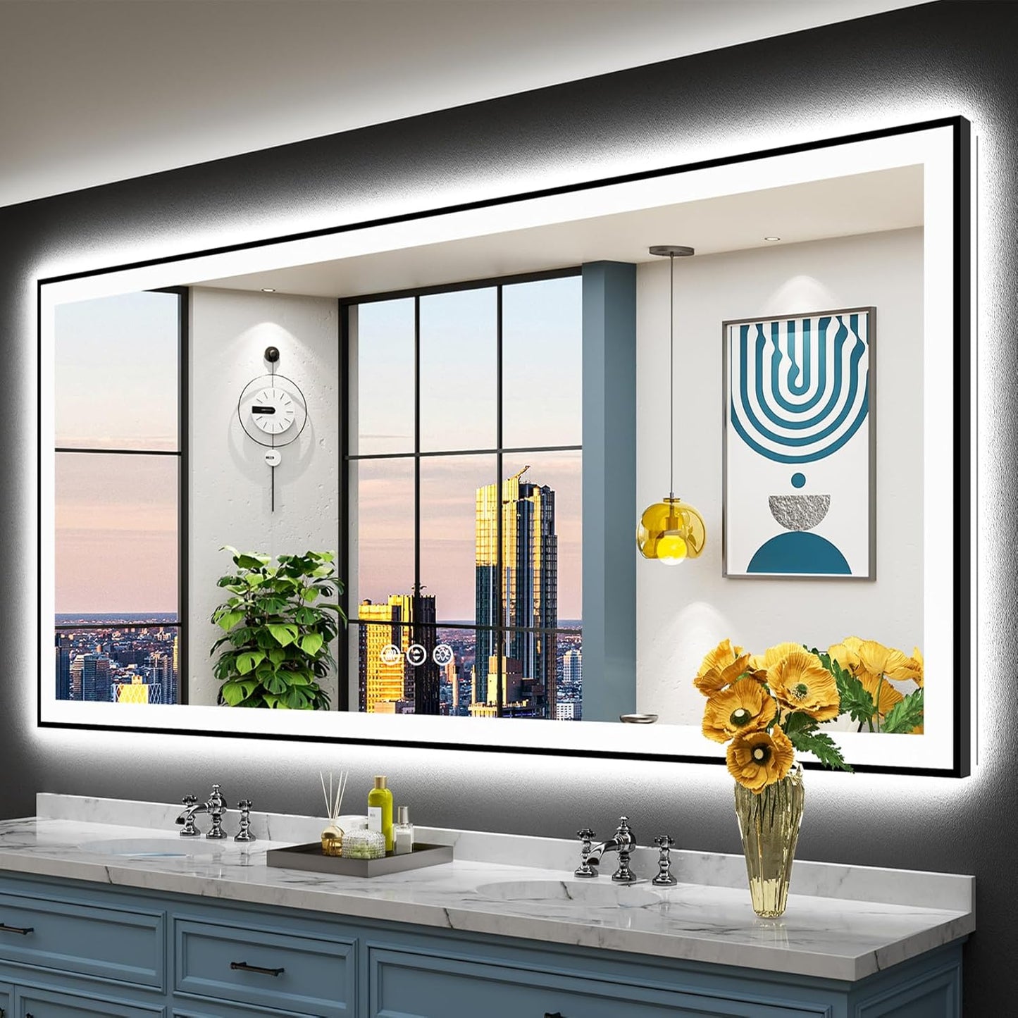 84x40 Black Framed LED Bathroom Mirror with Lights and Anti-Fog