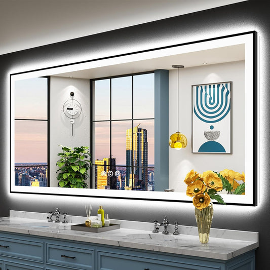 84x40 Black Framed LED Bathroom Mirror with Lights and Anti-Fog