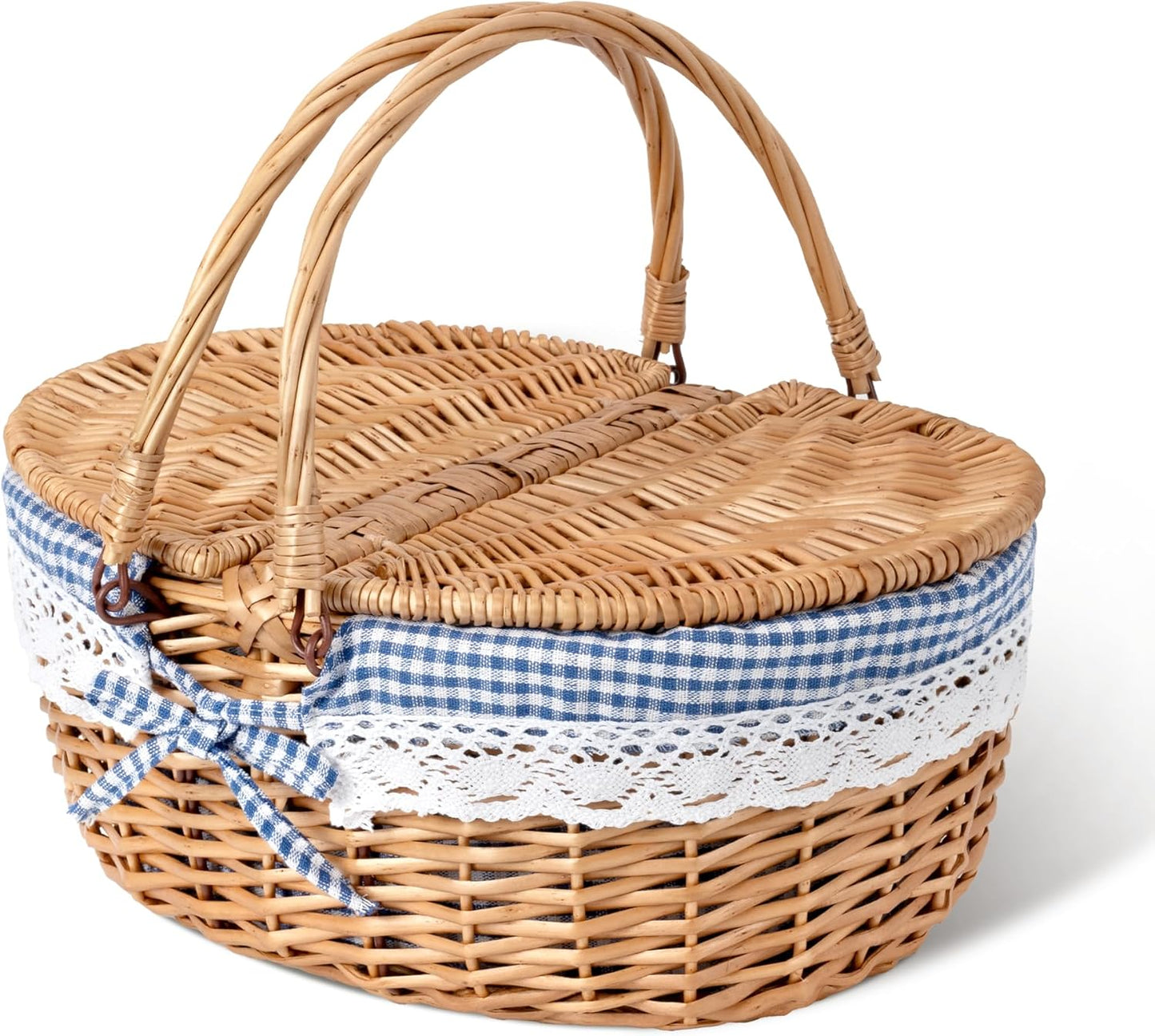 Wicker Picnic Basket for 2 with Washable Liner and Dual-Flip Lid