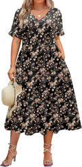 Plus Size Short Sleeve Midi Dress - Flowy Tiered V-Neck