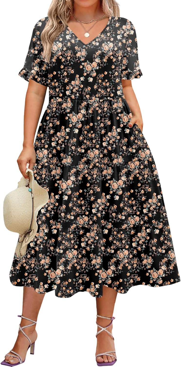Plus Size Short Sleeve Midi Dress with Pockets for Summer Fun