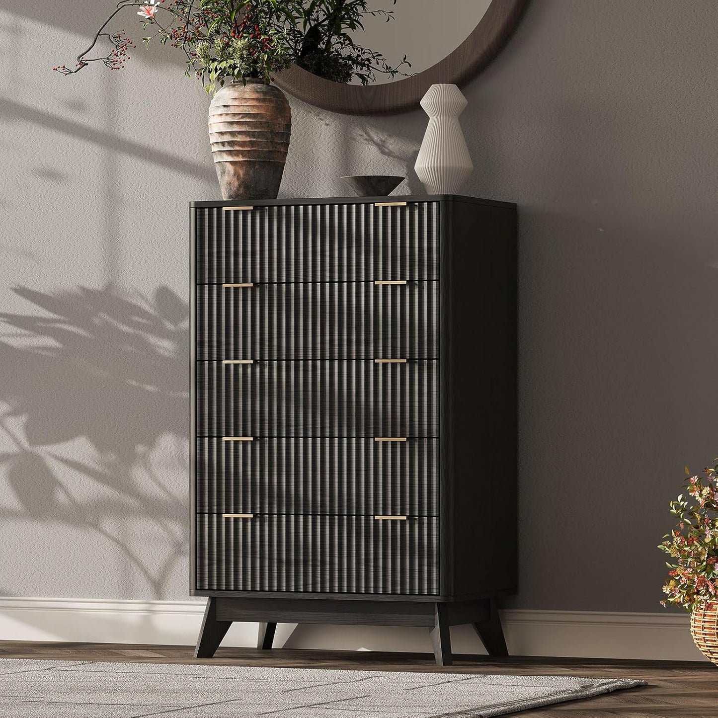Modern Fluted Vertical Chest 5 Drawers Dresser for Bedroom