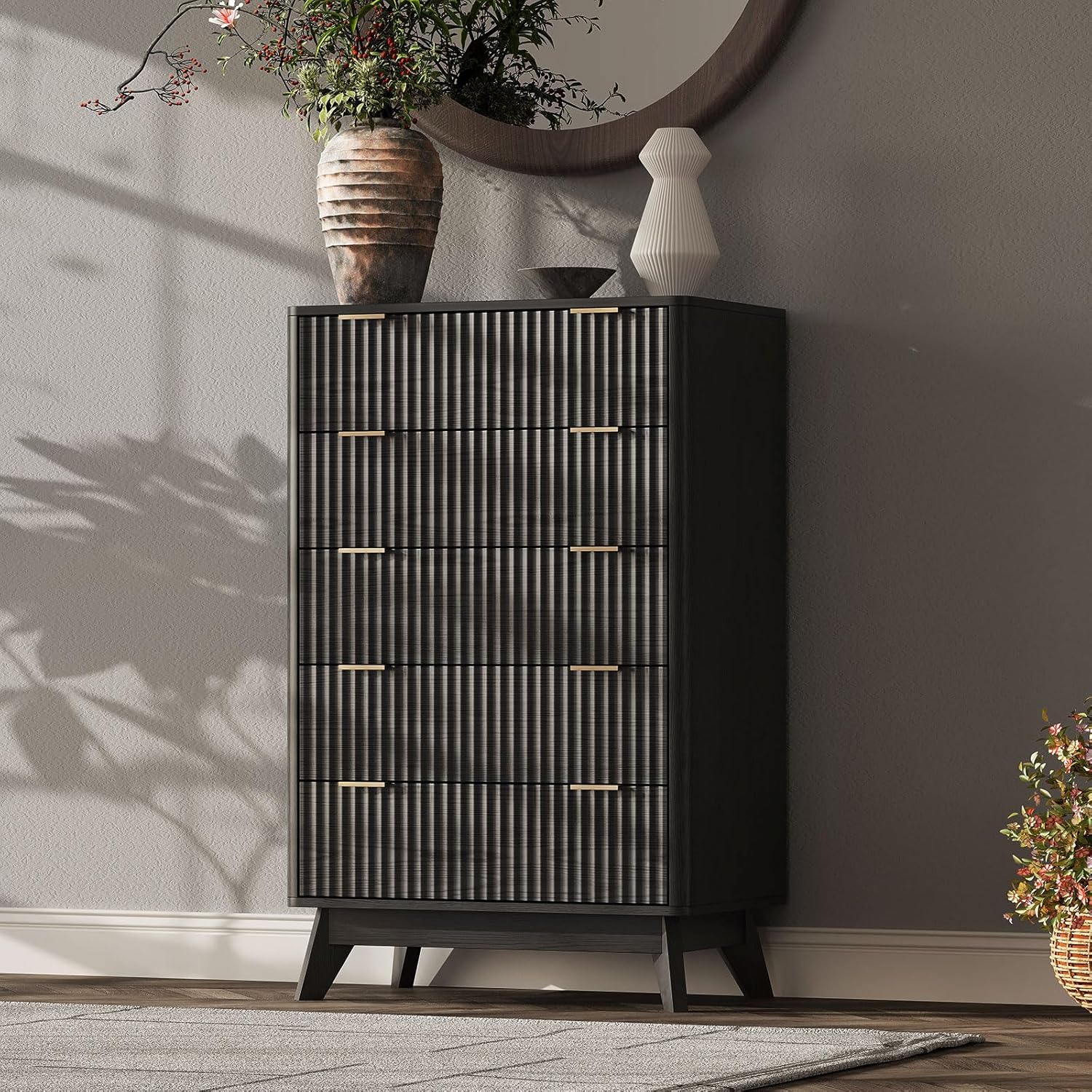 Modern Fluted Vertical Chest 5 Drawers Dresser for Bedroom