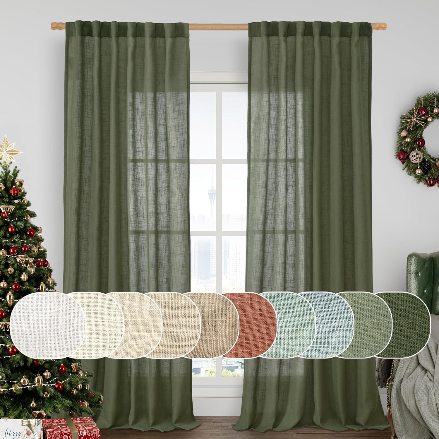 LAMIT Olive Green Linen Curtains for Living Room and Bedroom