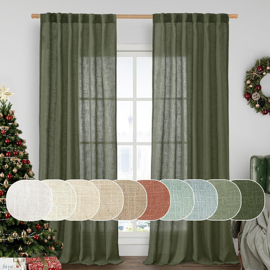 LAMIT Olive Green Linen Curtains for Living Room and Bedroom