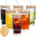 6 Pack Glass Cups with Lids and Straws, 16oz Ribbed Tumblers - Durable