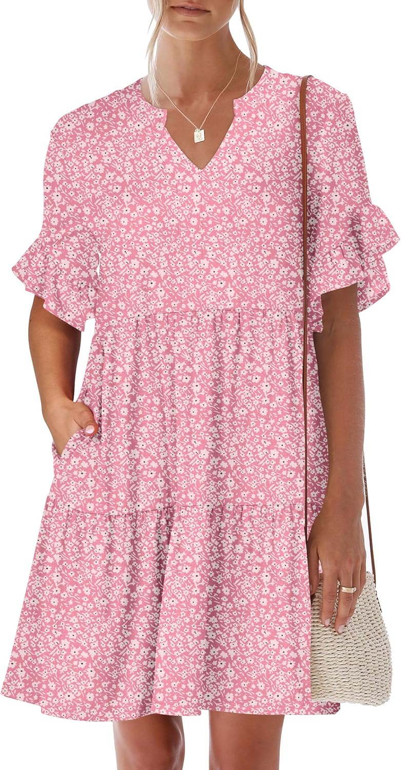 Trendy Ruffle Short Sleeve V Neck A Line Mini Beach Dress