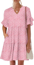 Womens Ruffle Short Sleeve Tiered Mini Dress - Loose Flowy Fit