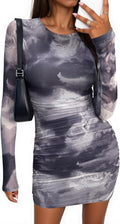 Women Long Sleeve Tie Dye Mini Dress - Bodycon Fall 2025