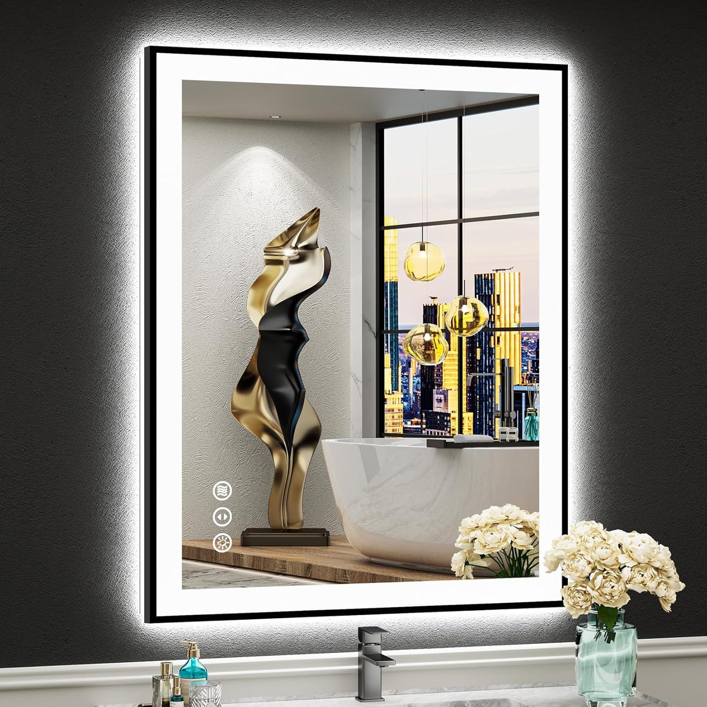 28x36 Black Framed LED Bathroom Mirror with Lights and Anti-Fog