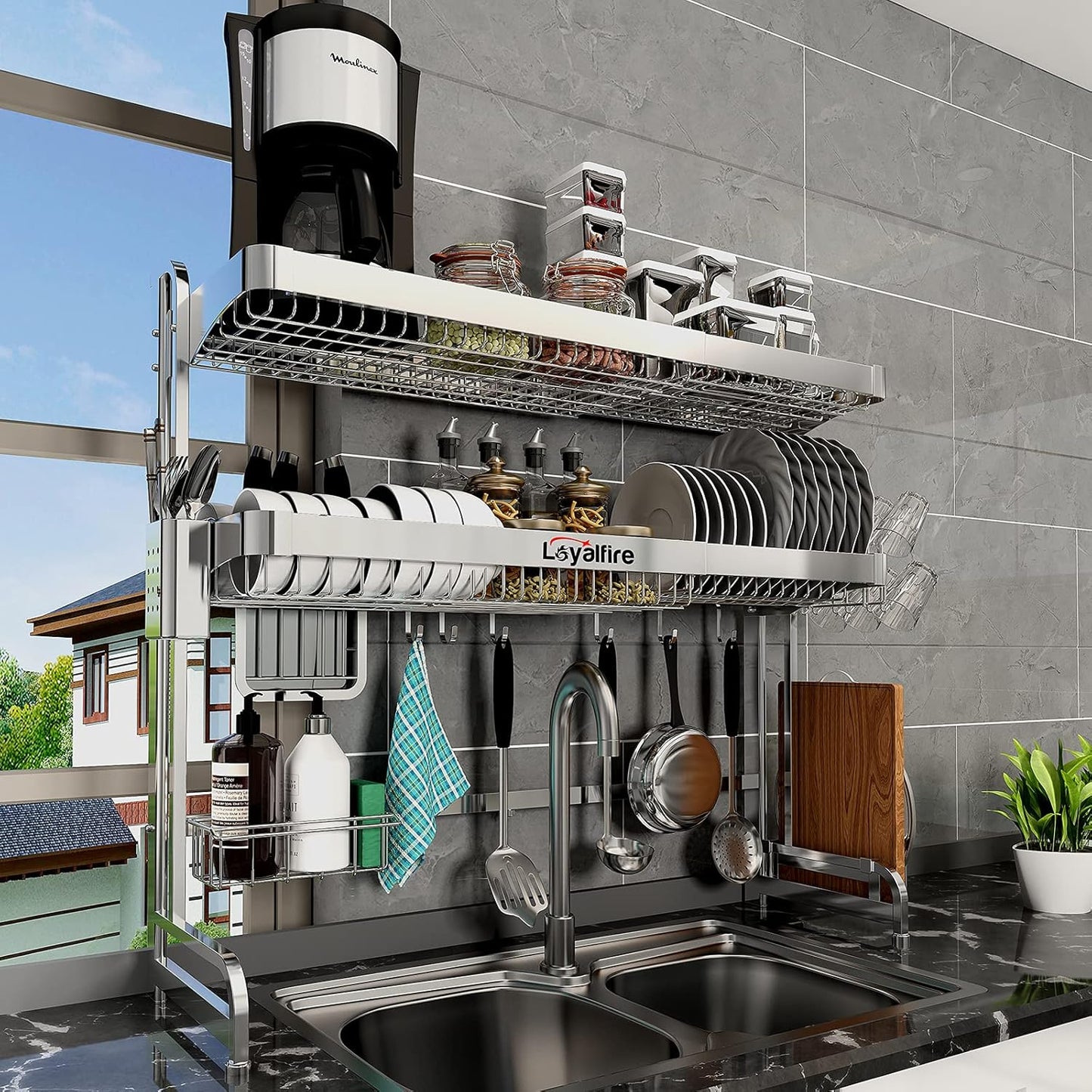 Over Sink Dish Drying Rack - 3 Tier Adjustable Length Design