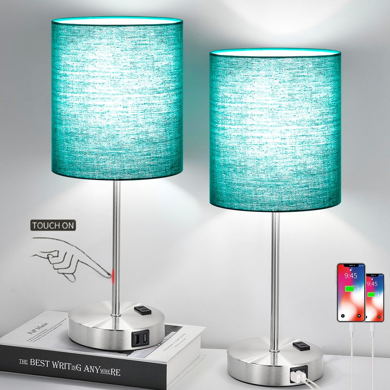 2023 NEW Green Touch Table Lamps Set of 2 with USB Ports