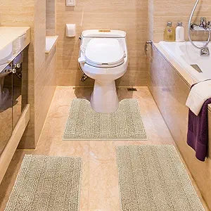 ACCUMTEK Striped Beige Bathroom Rug Set 3 Pieces Ultra Soft