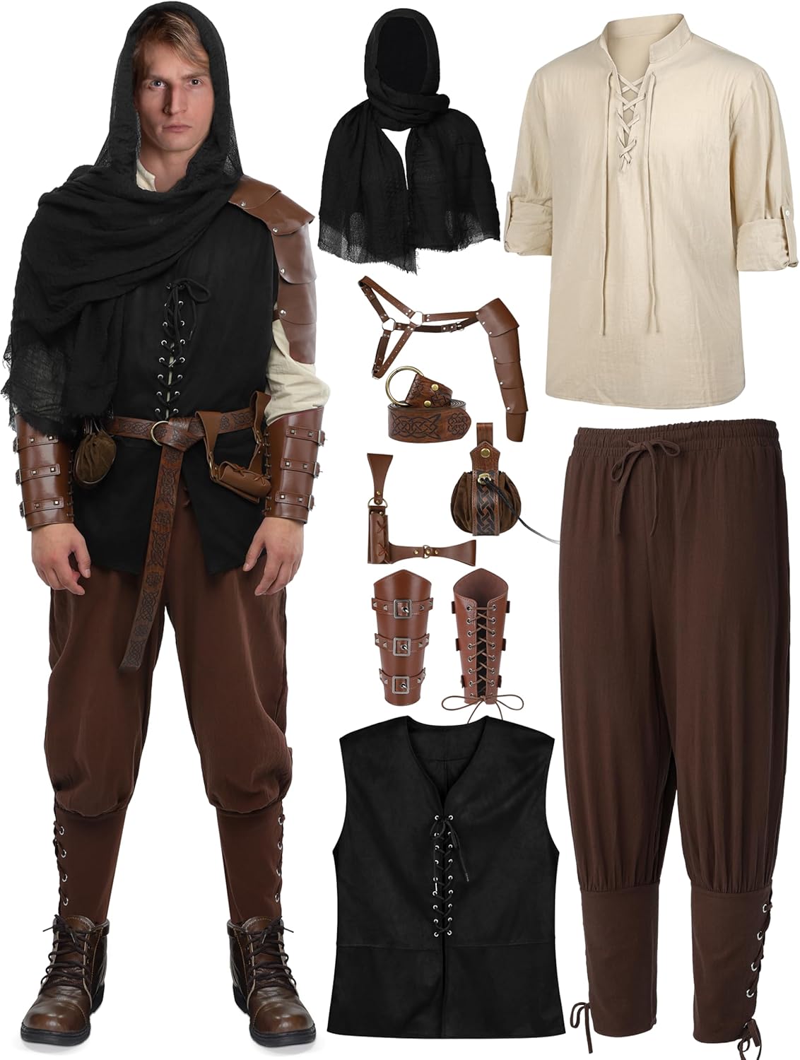 SOMSOC 9 Piece Halloween Men's Renaissance Viking Costume Set