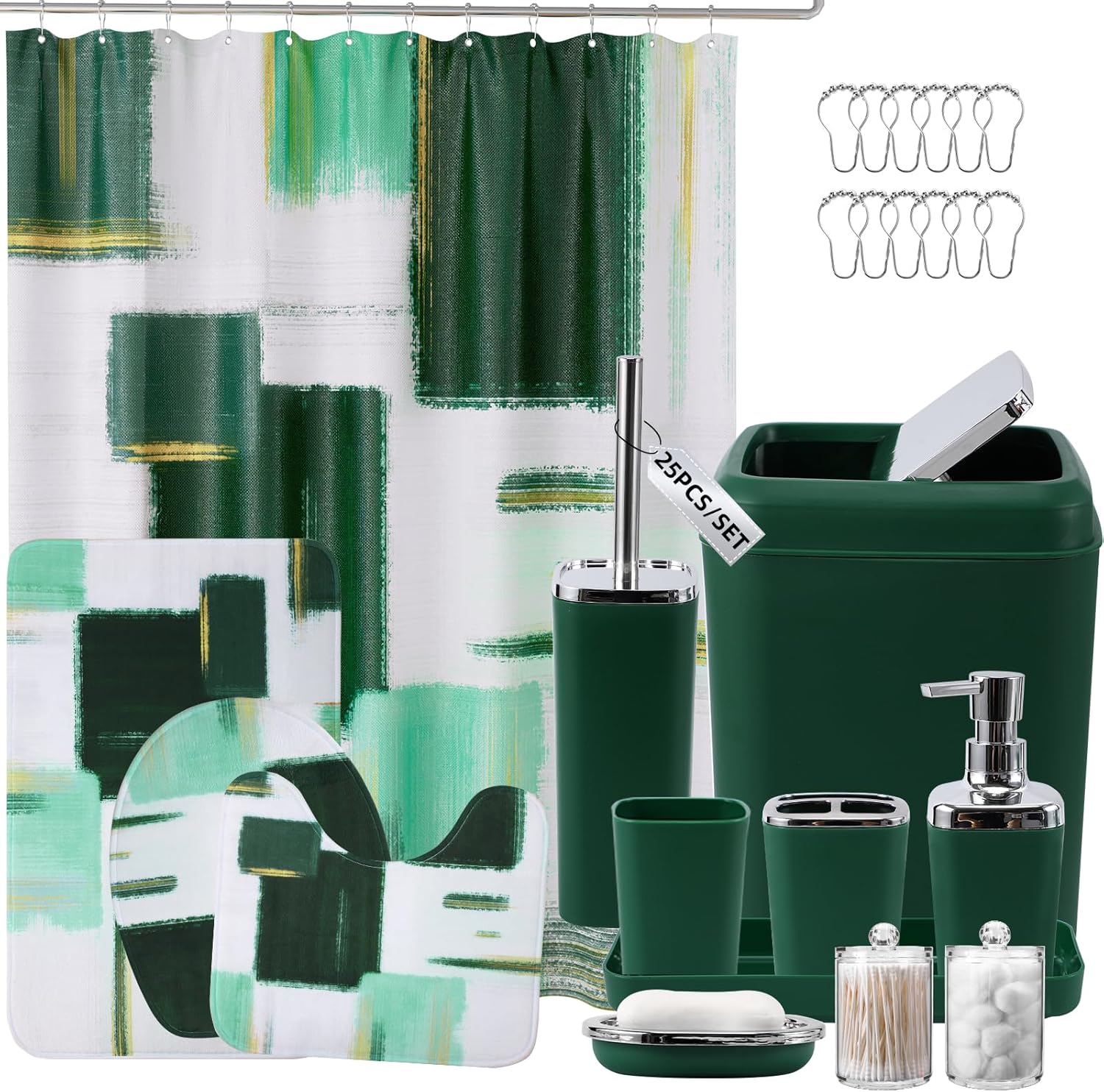 Dark Green Bathroom Accessories Set with Shower Curtain and Rugs