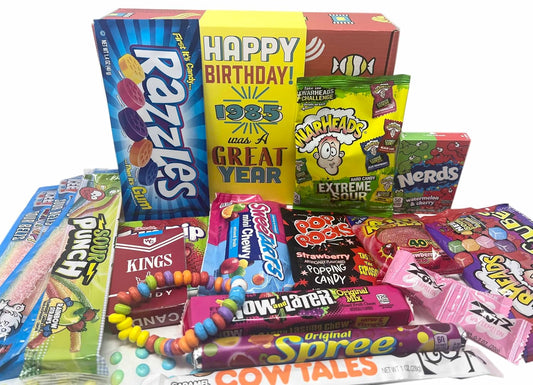 Nostalgic 1985 Candy Gift Basket for 40th Birthday Celebration