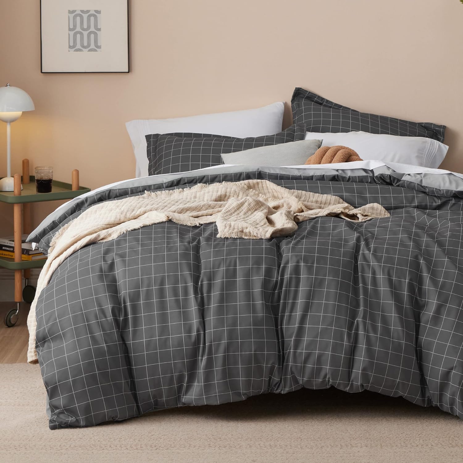 Bedsure Duvet Cover Twin Size - Reversible Plaid Bedding Set