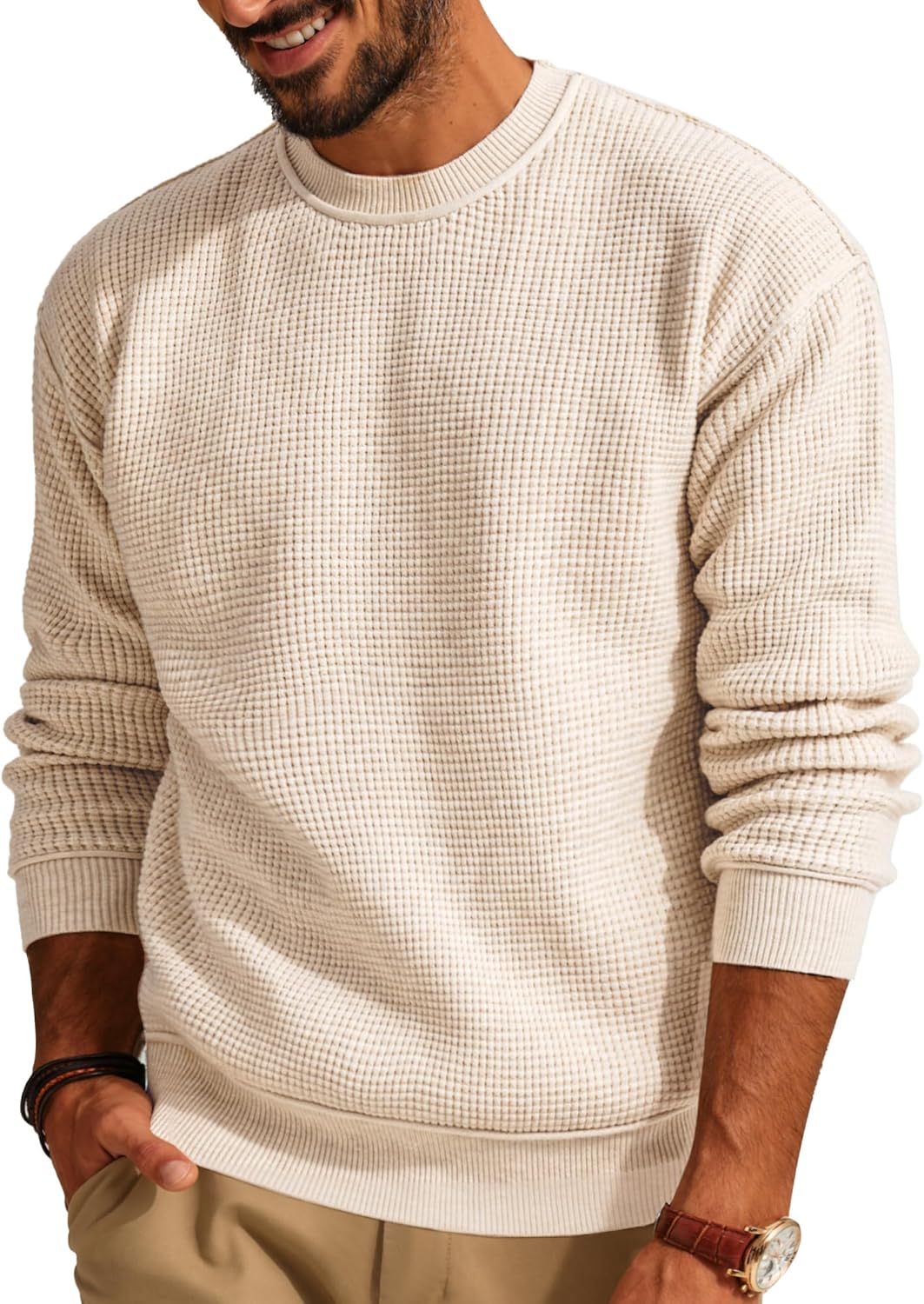 PJ PAUL JONES Mens Sweater Crewneck Casual Waffle Pullover
