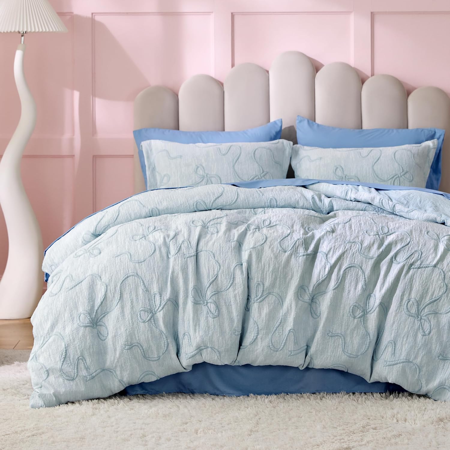 Bedsure Blue Duvet Cover Queen Size with Bowknot Jacquard Design