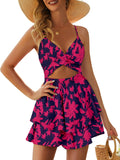 Women's V Neck Twist Spaghetti Strap Ruffle Romper - Flattering Summer