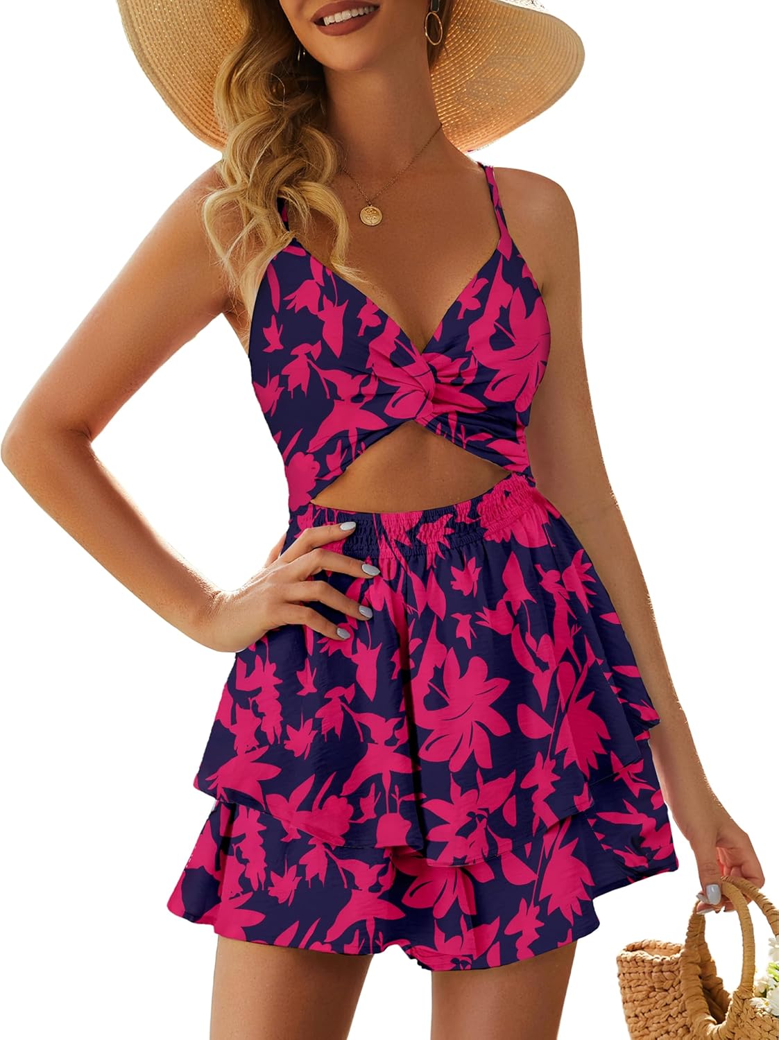 Women's Sexy V Neck Twist Ruffle Hem Mini Short Romper