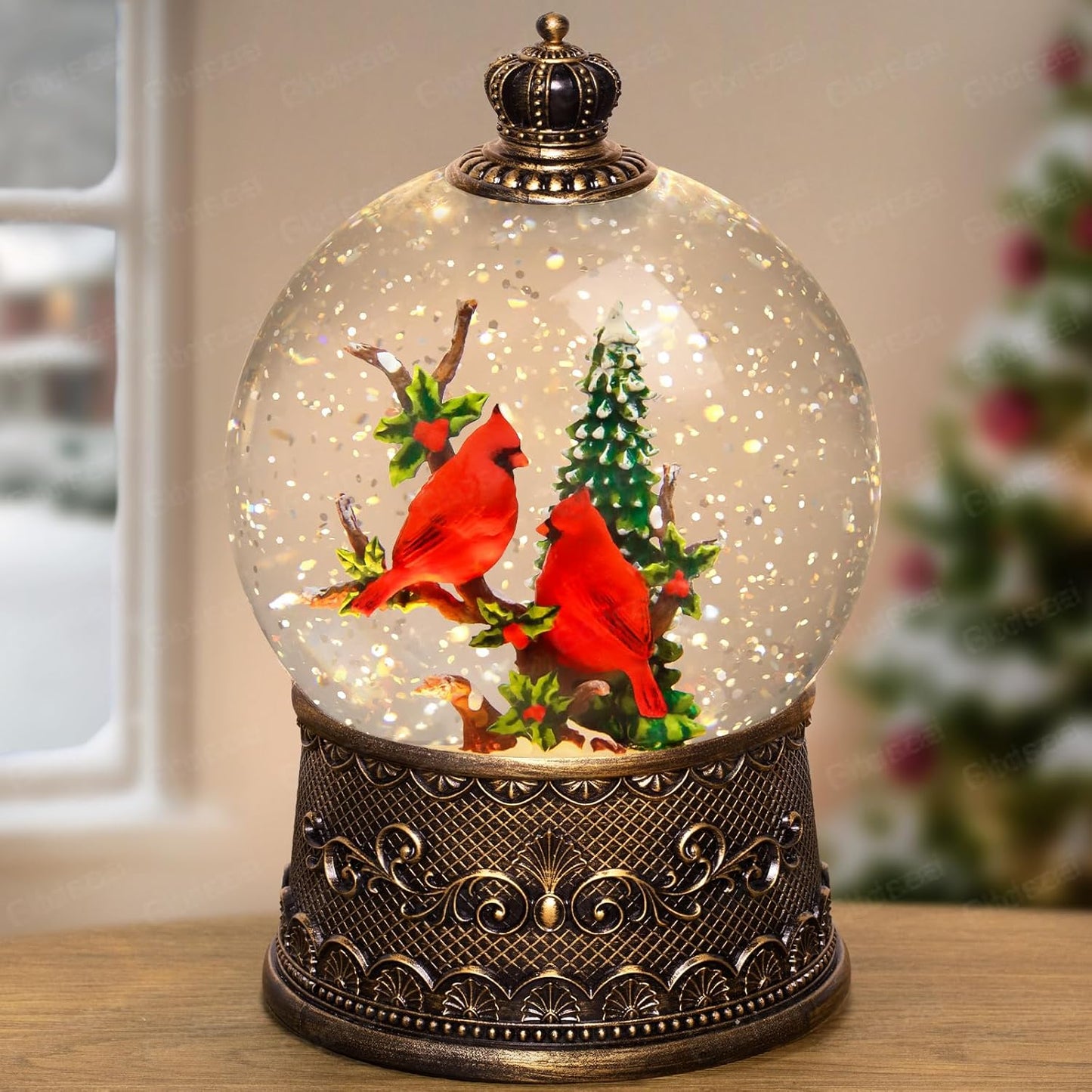 Cardinal Snow Globe Lantern with Music and Timer for Christmas