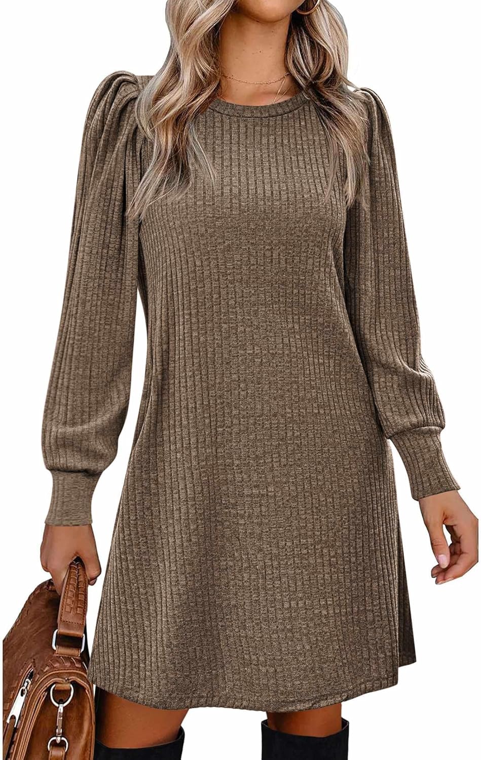 Stylish Women's Knit Dress with Puff Sleeves for Fall & Winter