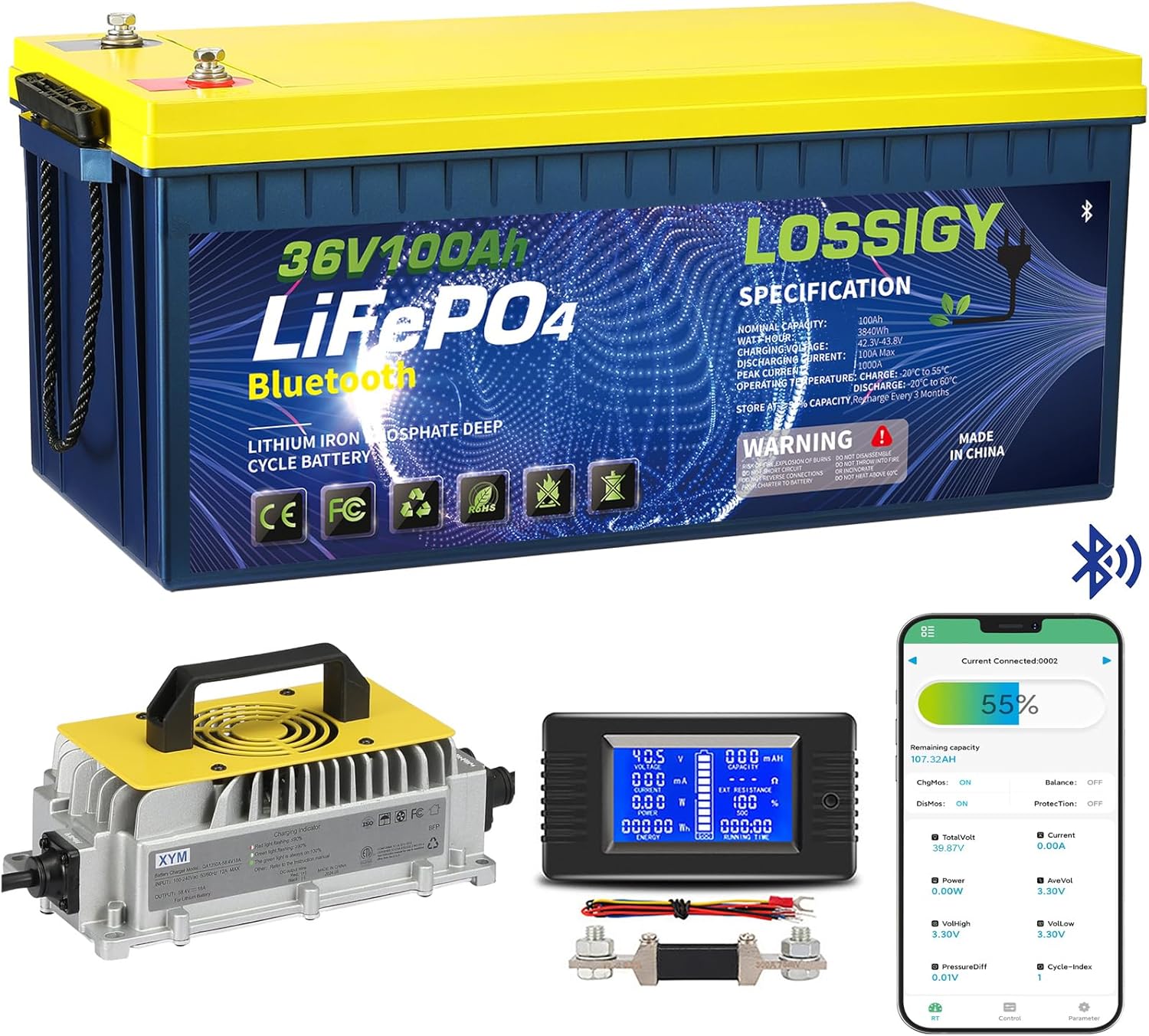 LOSSIGY 36V 100AH Lithium Golf Cart Battery + Charger