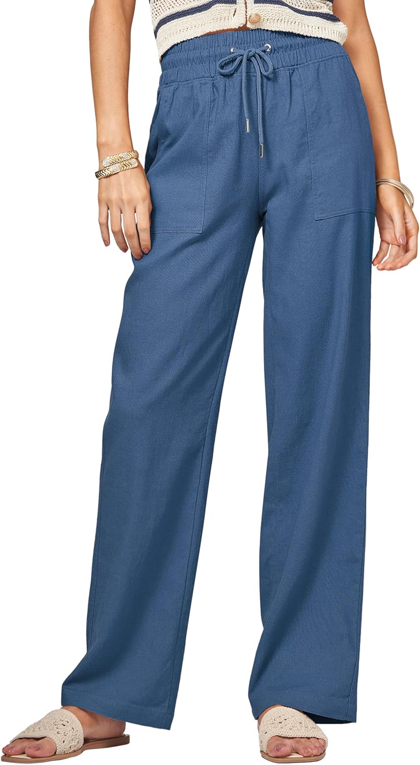 Women Linen Pants Wide Leg Palazzo Pants with Pockets