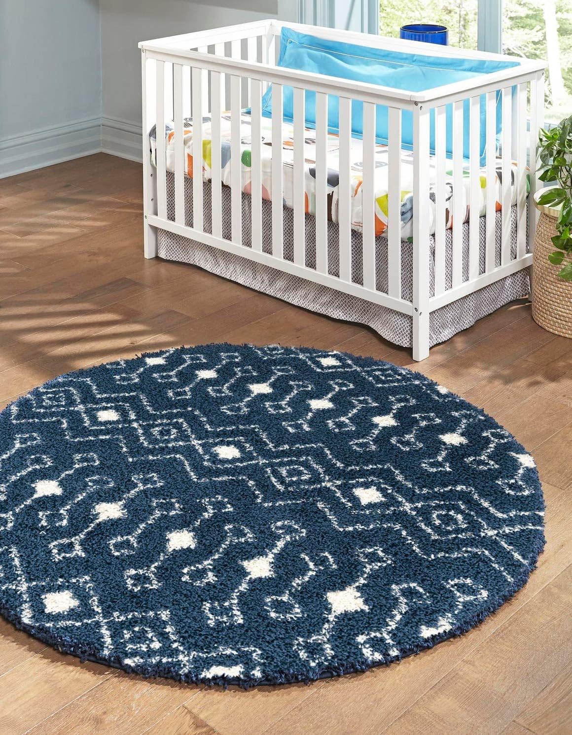 Moroccan Trellis Shag Collection Rug 5ft Round Navy Blue Style