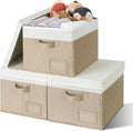 Storage Bins with Lids 3-Pack - Large Khaki & Ivory for Closet Shelves