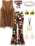 70s Outfit for Women Hippie Costume 8pc Fringe Vest Flared Pants