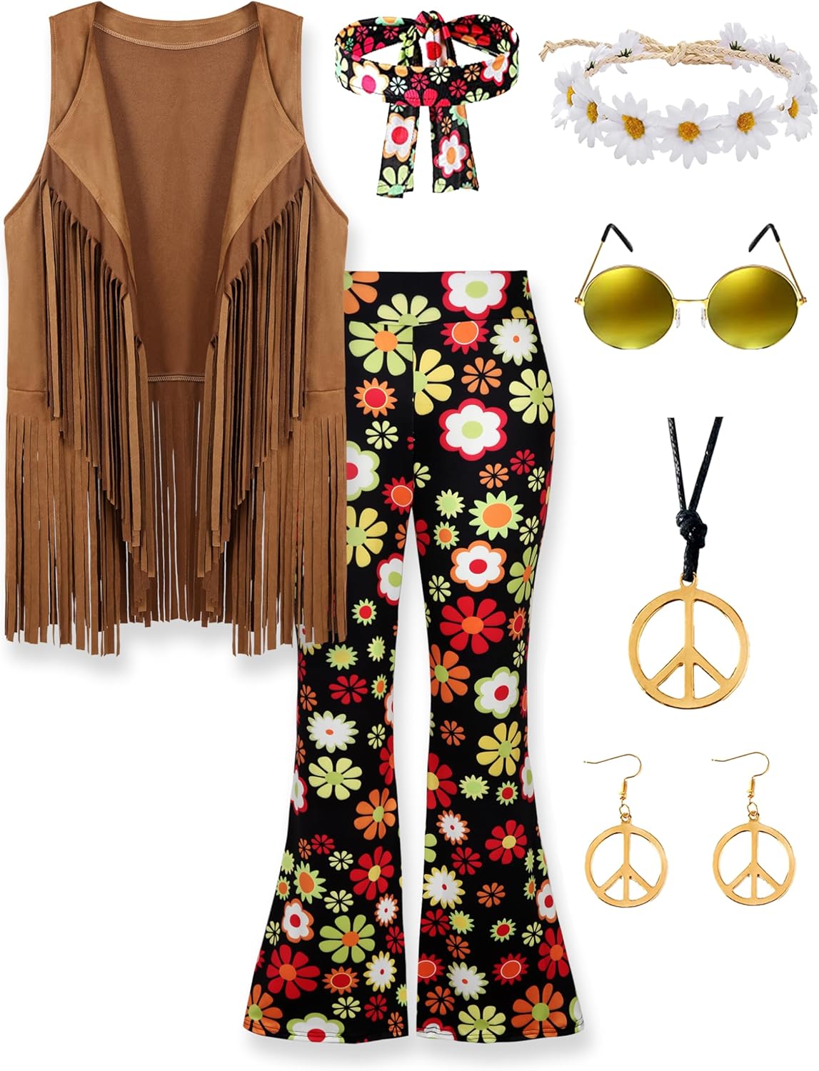 CICOCI 60s 70s Outfit For Women Hippie Costume Set 8pcs